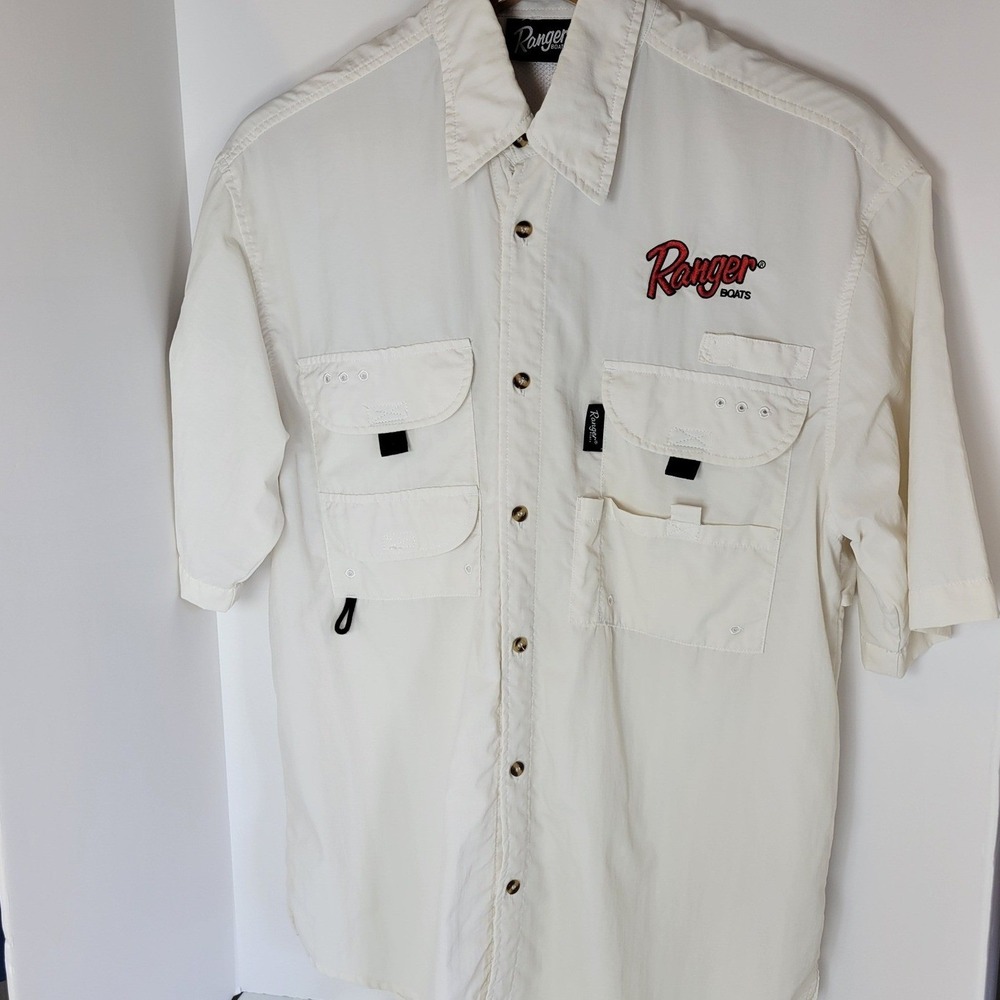 Ranger Boats Fishing Shirt Mens Medium White Vented Short Sleeve Button Up Cup